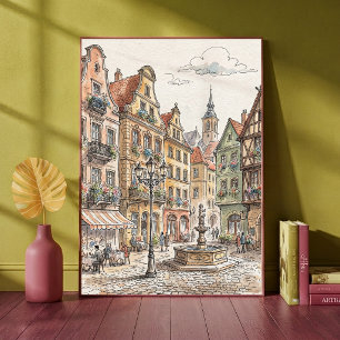 Poster Praça Antiga Europeia Arquitetura Aquarela