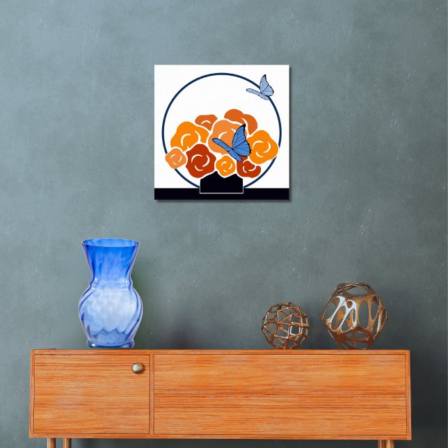 Poster Praça Buquê Laranja e Borboletas Azuis (Blue & Orange Bouquet & Butterflies Square Poster, Entryway)