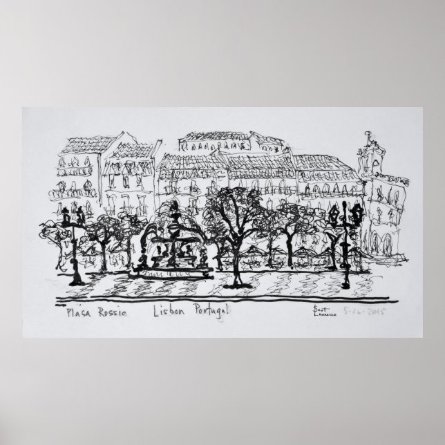 Pôster Praça da Cidade Placa Rossio | Lisboa, Portugal (Frente)
