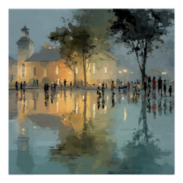 Pôster Praça da Igreja Noturna Reflexos da Chuva
