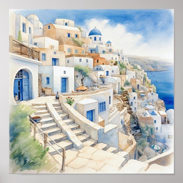 Poster Praça de pintura por aquarela da Grécia Santorini (Frente)