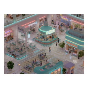 Pôster Praça de Shopping Isométrico Pastel com Lojas Neon