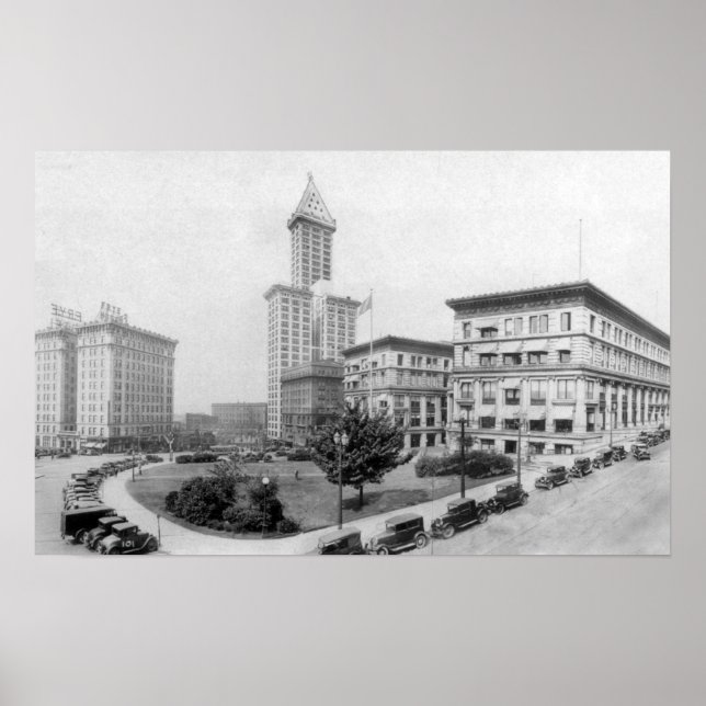 Poster Praça do Tribunal e Torre Smith em Seattle (Frente)