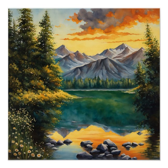 Pôster prado cheio de flores brancas Poster brilhante (Frente)