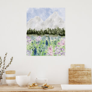 Poster Prado de Flores Roxas Azuis aquarela na Montanha