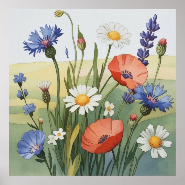 Poster Prado de Flores Silvestres Aquarela (Frente)