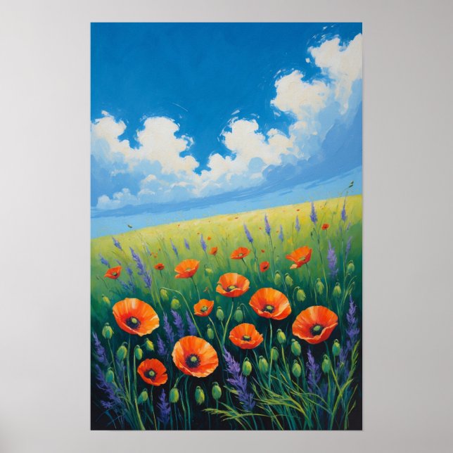 Poster Prado de Flores Silvestres com Céu Azul e Papoulas (Frente)