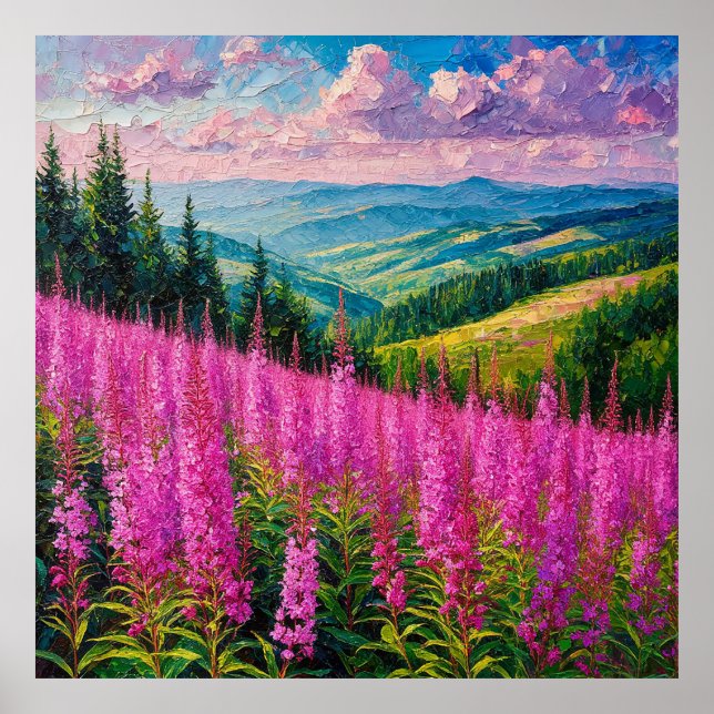 Poster Prado de Flores Silvestres com Paisagem Montanhosa (Frente)