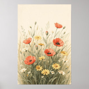Poster Prado de Flores Silvestres Coral e Amarelo Manteig