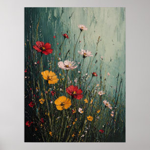Poster Prado de Flores Silvestres Impasto em Névoa Teal