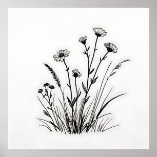 Poster Prado de Flores Silvestres Margaridas Arte Linear