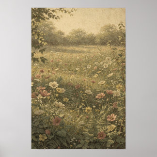 Poster Prado de Flores Silvestres na Luz Quente da Noite