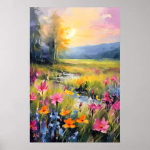 Poster Prado Vibrante de Flores Silvestres ao Pôr do Sol