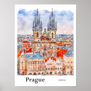 Poster Praga Viagem Watercolor Mão Desenhada