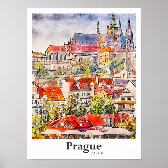 Poster Praga Viagem Watercolor Mão Desenhada (Frente)