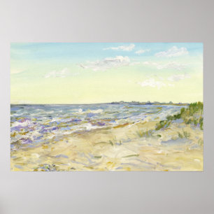 Poster Praia Arenosa Iluminada pelo Sol e Aquarela de Águ