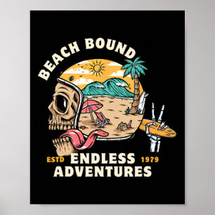 Poster Praia, Capacete de Caveira Amarrada Surfando Esque