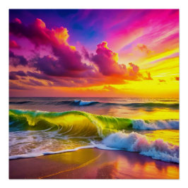 Pôster Praia com Ondas de Oceano Amarelo e Rosa Vibradas