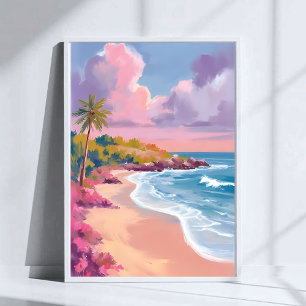 Poster Praia Corada Pintura do Oceano Rosa
