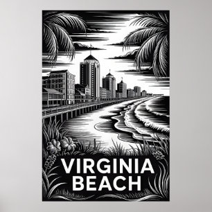 Poster Praia da Virgínia Virgínia Preto Branco Xilogravur