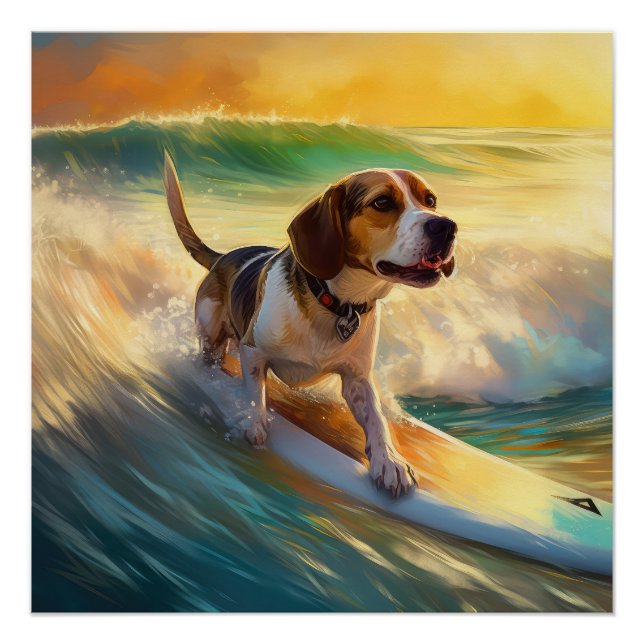 Pôster Praia de Beagle Surfando Pintura (Frente)