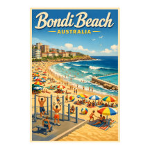 Praia de Bondi Austrália - Cartaz de Viagem Vintag