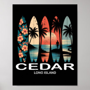 Poster Praia de Cedar Long Island Prancha de Surfe Retro 