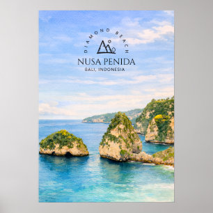 Poster Praia de Diamante Bali Aquarela Mar Turquesa