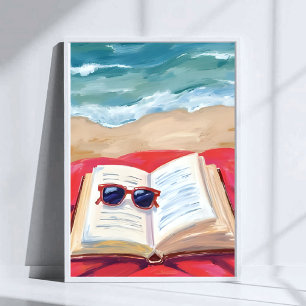Poster Praia de Leitura   Pintura em Aquarela de Ondas do