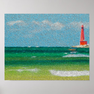 Pôster Praia de Muskegon, de Michigan & farol (pintura de