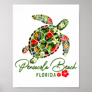Poster Praia de Pensacola Flórida Tartaruga Marinha Hibis