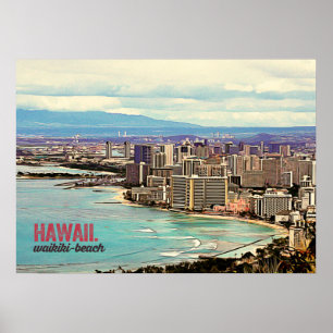 Pôster Praia de pintura retro de Havaí Waikiki