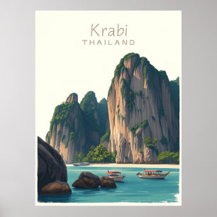 Poster Praia de Railay, Krabi Tailândia Ilustração Vintag