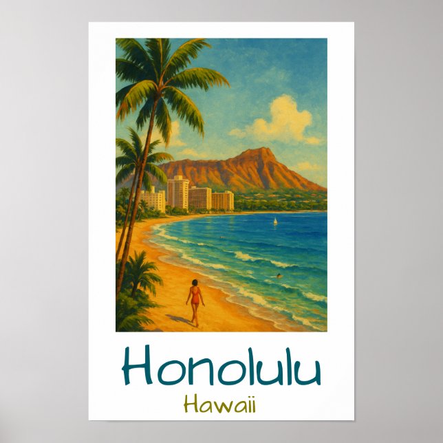 Poster Praia de Retro Honolulu Hawaii Waikiki (Frente)