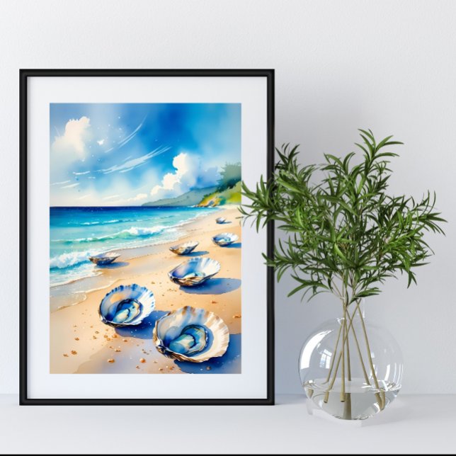 Poster Praia de Seashell de Ostra de Aquarelas Vibrante (Criador carregado)