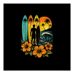 Pôster Praia de Surf Retrô Pôr do Sol Tropical