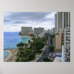 Poster PRAIA de WAIKIKI e AVENIDA de KALAKAUA - HAVAÍ