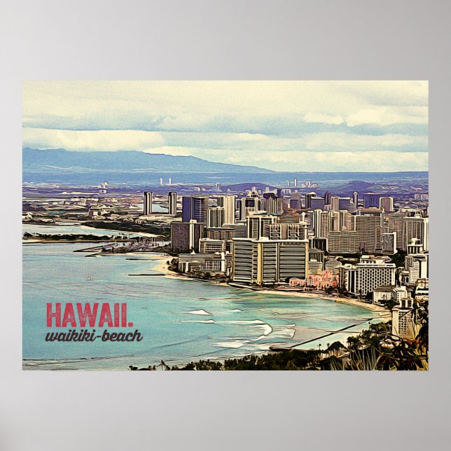 Pôster Praia do Havaí Waikiki de Pintura Retroativa (Frente)