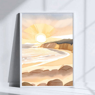 Poster Praia do Pôr do Sol Aquarela Costeira do Oceano