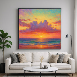Poster Praia do Pôr do Sol Pastel - Paisagem Marinha em E
