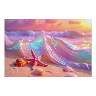 Pôster Praia dos Sonhos Fantasia Com Estrela-do-Mar Rosa