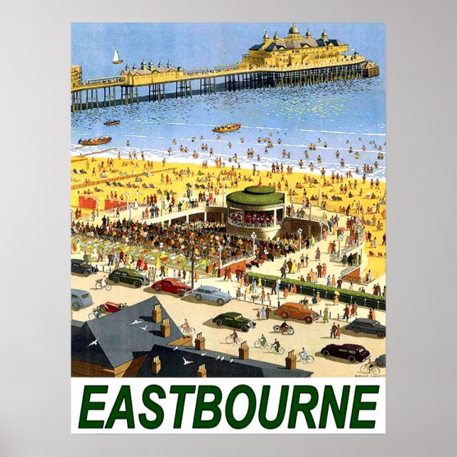 Poster praia Eastbourne, vista real, viagens vintage (Frente)