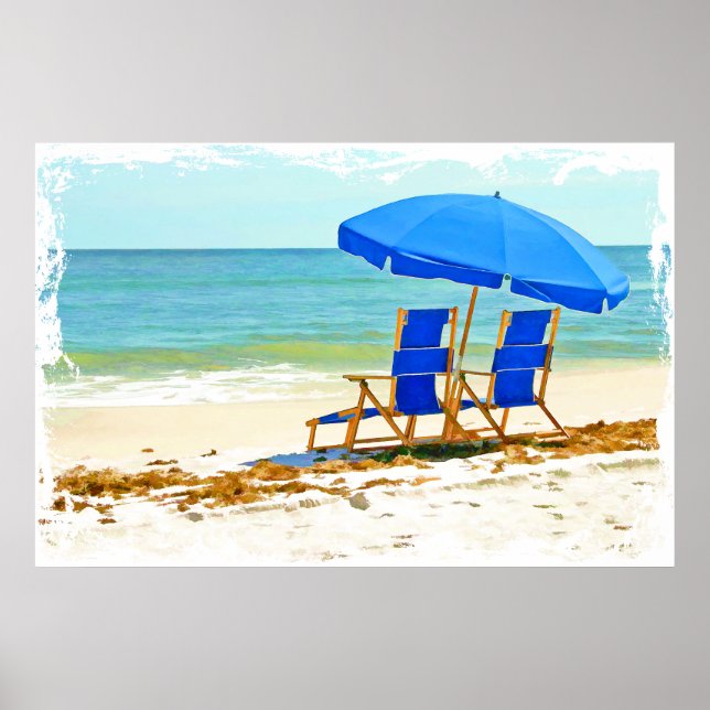 Poster Praia, Guarda-chuvas e cátedras na praia (Frente)