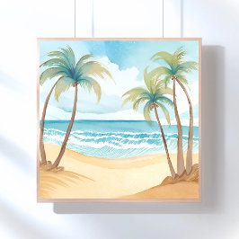 Pôster Praia Havaiana | Aquarela Tropical de Palmeira