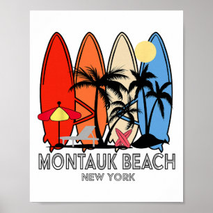Poster Praia Montauk Nova York Retro Surfboard Vintage