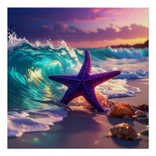Pôster Praia oceânica com estrelas-do-mar violetas