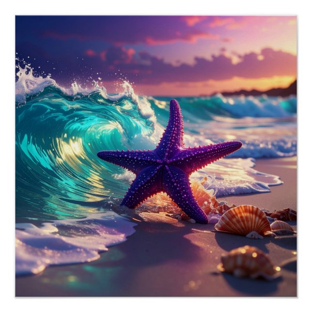 Pôster Praia oceânica com estrelas-do-mar violetas (Frente)