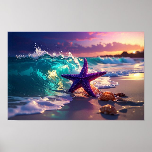 Poster Praia oceânica com estrelas-do-mar violetas (Frente)
