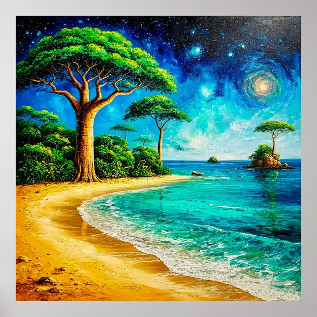 Poster Praia Pitoresca com Céu Azul Vibrante (Frente)