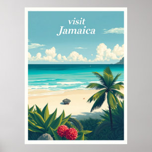 Poster Praia Reggae, Ilustração de Viagem Antiga da Jamai